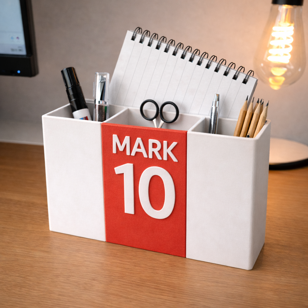 Gepersonaliseerde bureau organizer met naam en rugnummer op bureau
