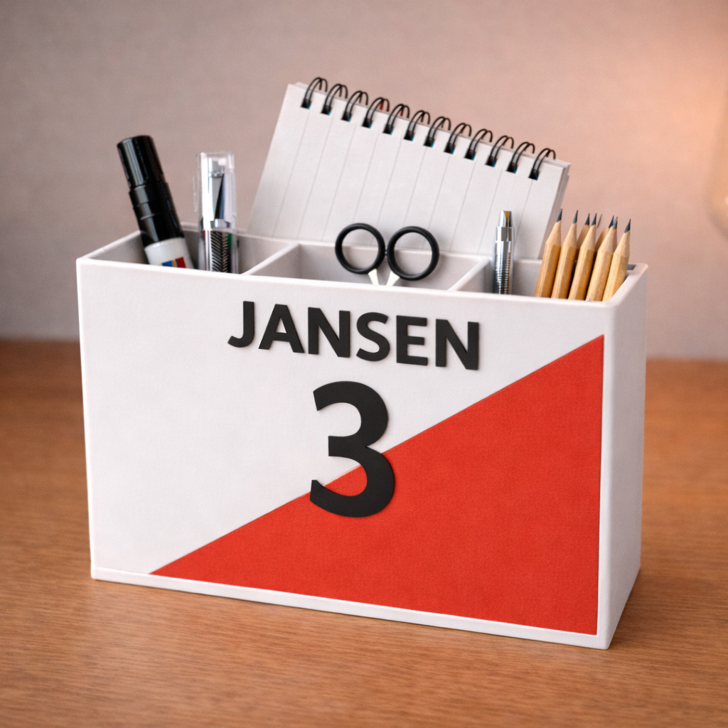 Gepersonaliseerde bureau organizer met naam en rugnummer op bureau